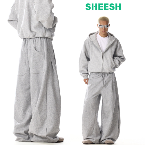 SHEESH พร้อมส่งจากกทม กางเกงลำลอง แฟชั่น มินิมอล ทรงหลวม  ขากว้าง สีพื้น สีดำและสีเทา unisex   สไตล์Y2K