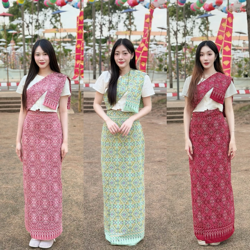 TANTANOD-รหัสTL1 ชุดเซตผ้าไทย 3ชิ้น เสื้อกระดุมไข่มุก สไบพาดไหล่ กระโปรงป้าย(ผ้าฝ้ายพิมพ์ลาย)