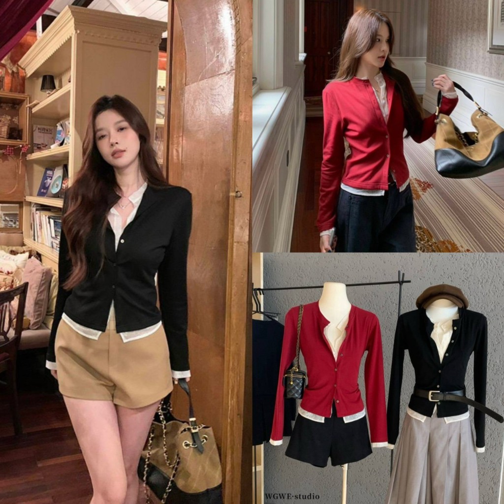 (พร้อมส่ง) Vera Lace เสื้อแขนยาวคอวีแต่งลูกไม้ - 9812 TAG WG.WE 🇰🇷