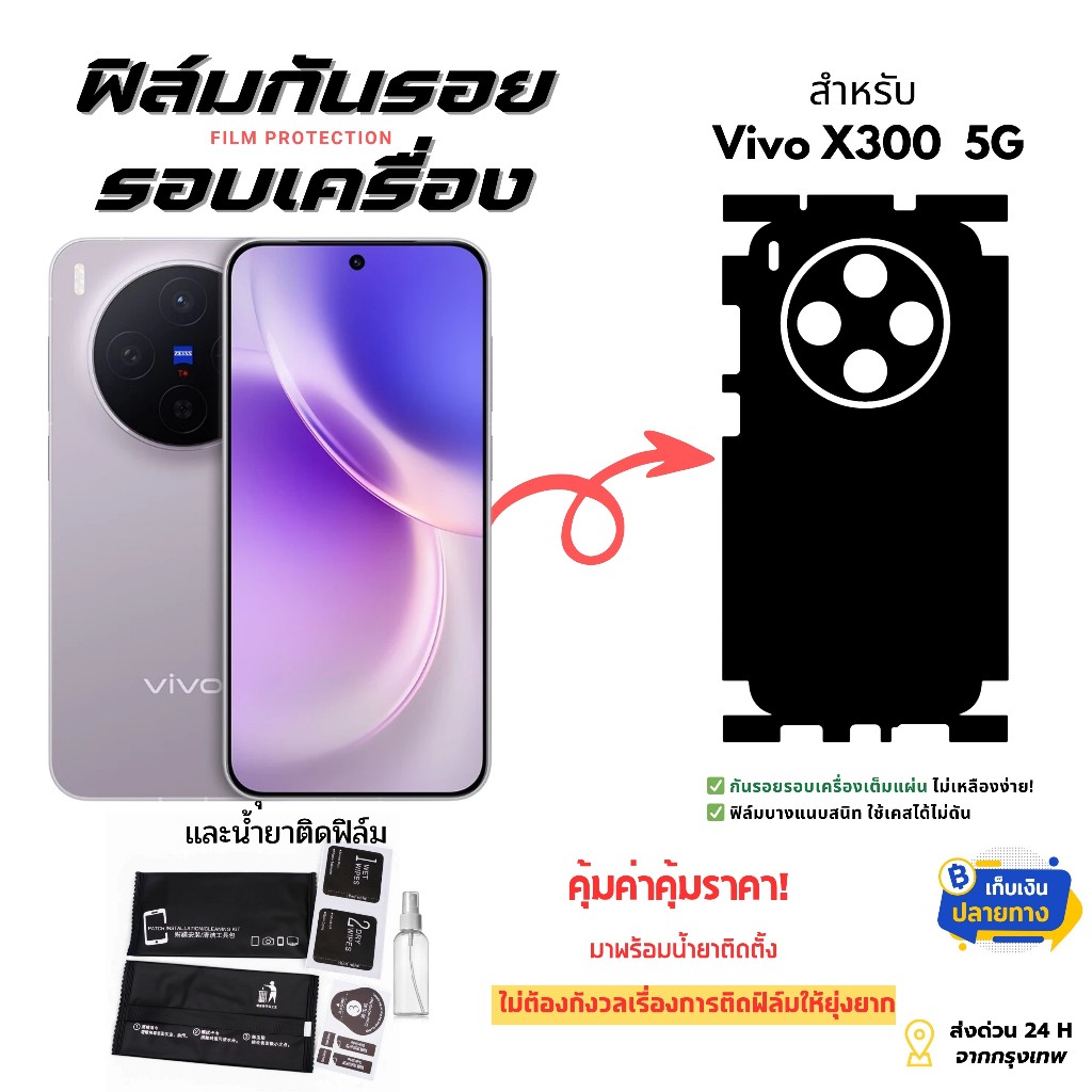 ฟิล์มกันรอยด้านหลังและขอบข้าง Vivo X300 5G | ฟิล์มบางเฉียบ ไม่อมความร้อน ติดแน่น ไม่ดีดขอบ