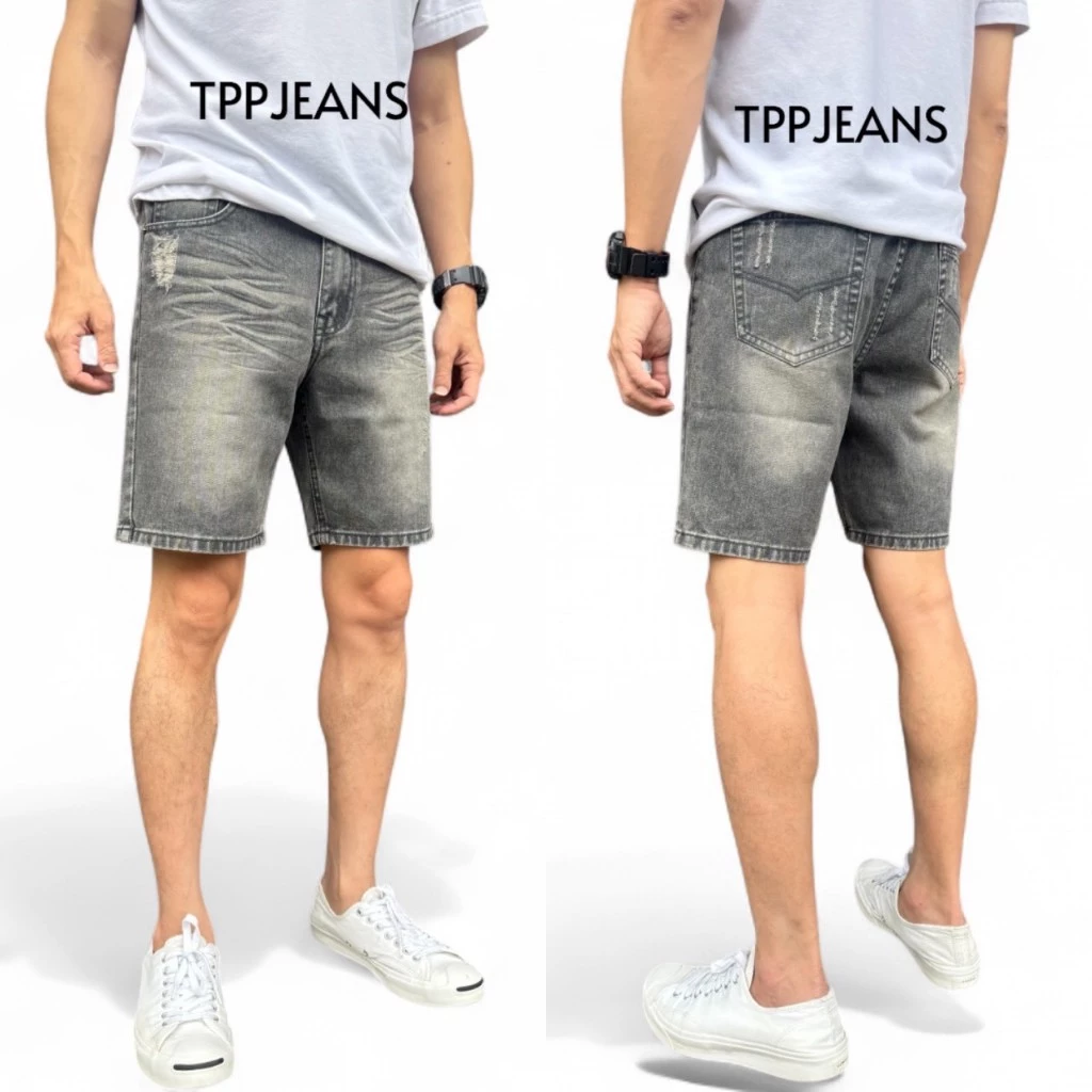 JEANSEXPRESS New Shorts Men's กางเกงยีนส์ขาสั้นชาย สีเทาฟอกแต่งสะกิดขาด ทรงเหนือเข่า ใส่สบาย Size 28-36 เป้าซิป
