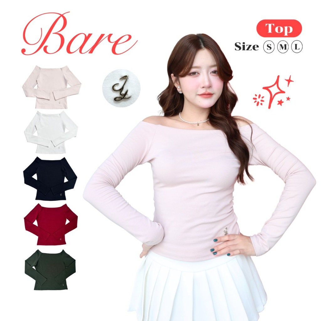 JARINYA (S-L) เสื้อยืดแขนยาว ปาดไหล่ 2 ข้าง แต่งเหล็ก JY (T1035)