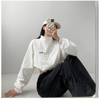 Beryl shop เสื้อคลุมสั้นผู้หญิง เสื้อคลุมแขนยาวผู้หญิง ซิป ดีไซน์เชือกผูก สไตล์เกาหลีเรียบง่าย หลวมและสบาย BF