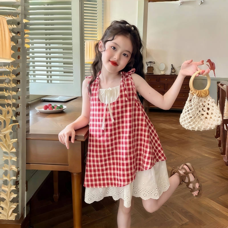 1-12 ปี ชุดกระโปรงเด็กผู้หญิง สีแดงลายตาราง แขนกุด