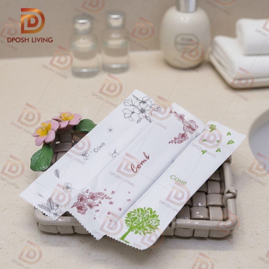 หวีโรงแรม หวีพลาสติก หวีพก comb ซองกระดาษพิมพ์ลาย toothbrush Set บรรจุซองกระดาษย่อยสลายรักษ์โลก ของใช้ในโรงแรม ห้องพัก