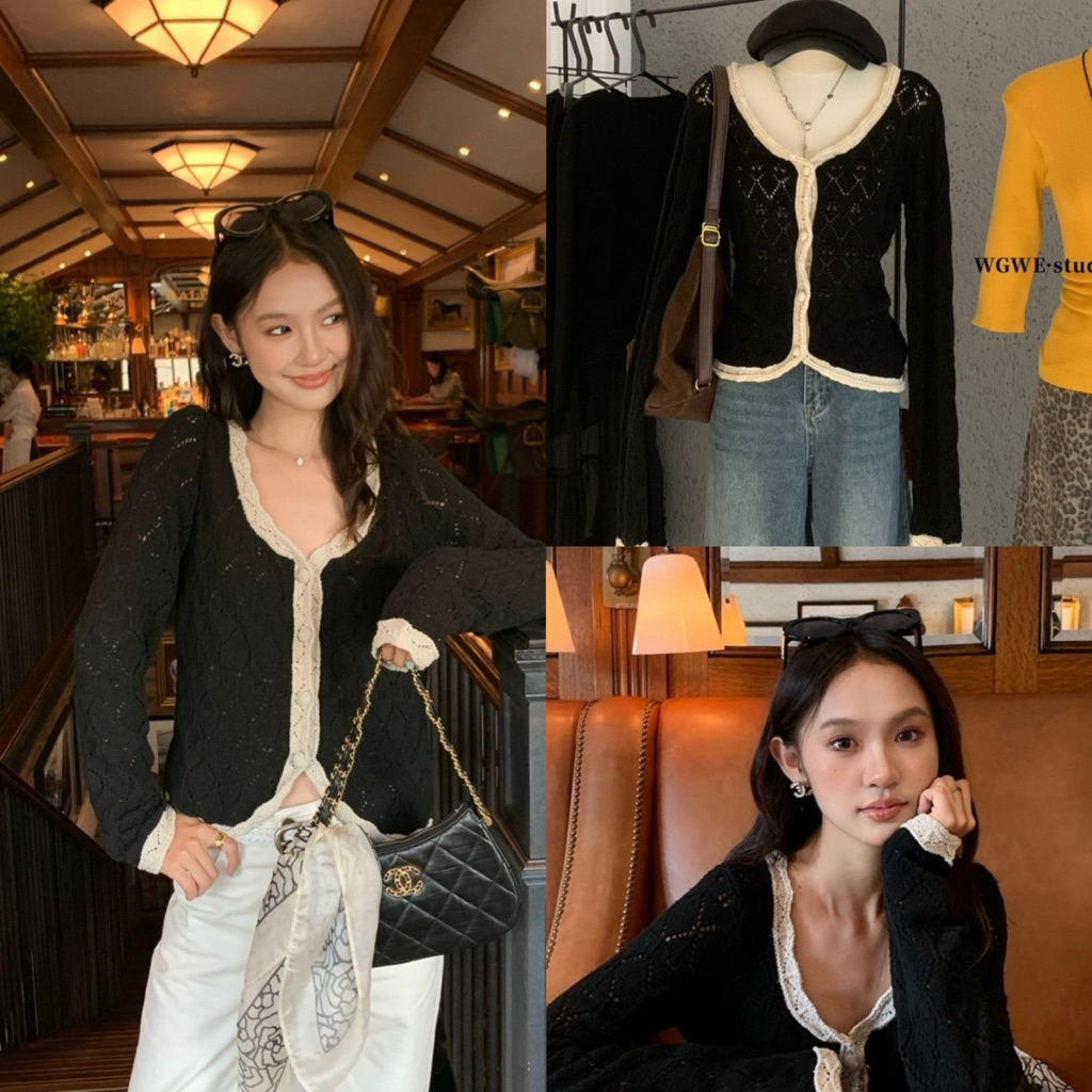 7785# เสื้อแขนยาว ไหมพรมคอวี งานกระดุมหน้า เนื้อผ้าดี งานสวย TAG:WG.WE 🇰🇷