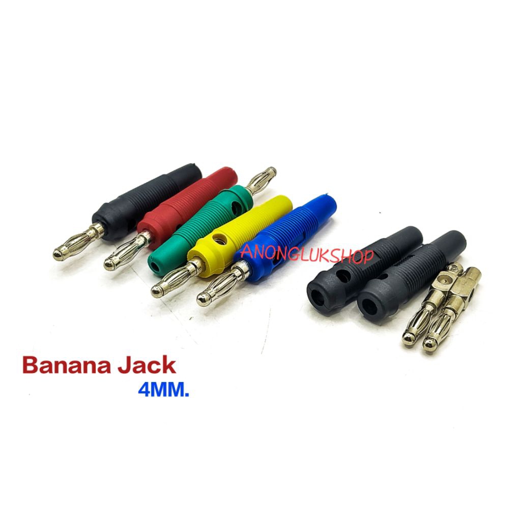 1ตัว 👉👉 Banana Jack 4MM.  ปลั๊กกล้วย 4 มม.ปลั้กกล้วยตัวผู้  ท้ายยาง ชุบนิกเกิลอย่างดี มี 5สี แดง ดำ เขียว น้ำเงิน เหลือง