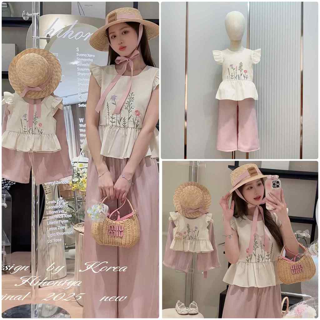 พร้อมส่งในไทย ชุดคู่แม่ลูก Sweet Garden Set ชมพูครีม (เสื้อ+กางเกง)