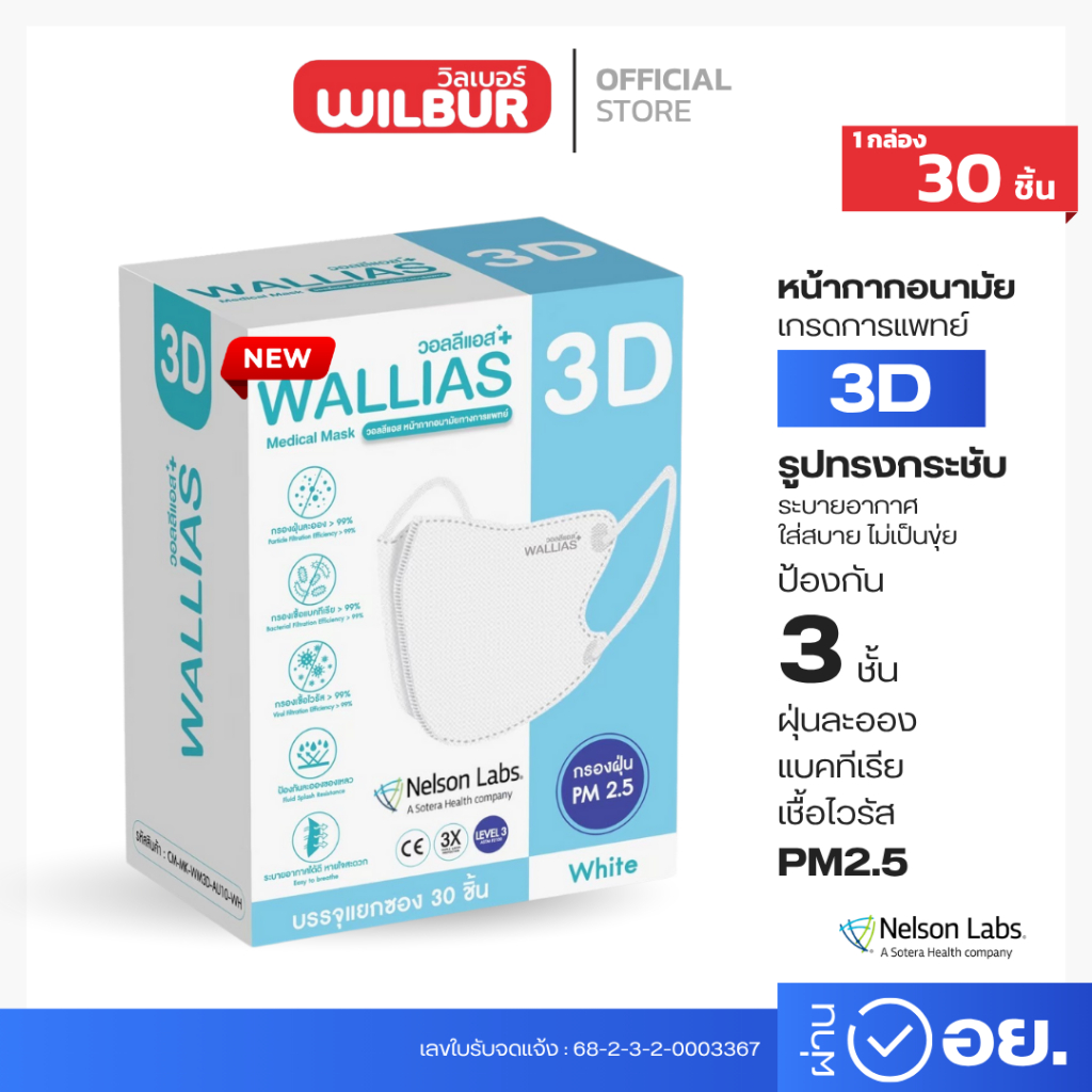 แมสก์ 3D ยี่ห้อ WALLIAS Medical Mask แมสก์ 3D ป้องกันฝุ่น PM2.5 ทรงสวย ใส่สบาย หน้ากากอนามัยทางการแพทย์
