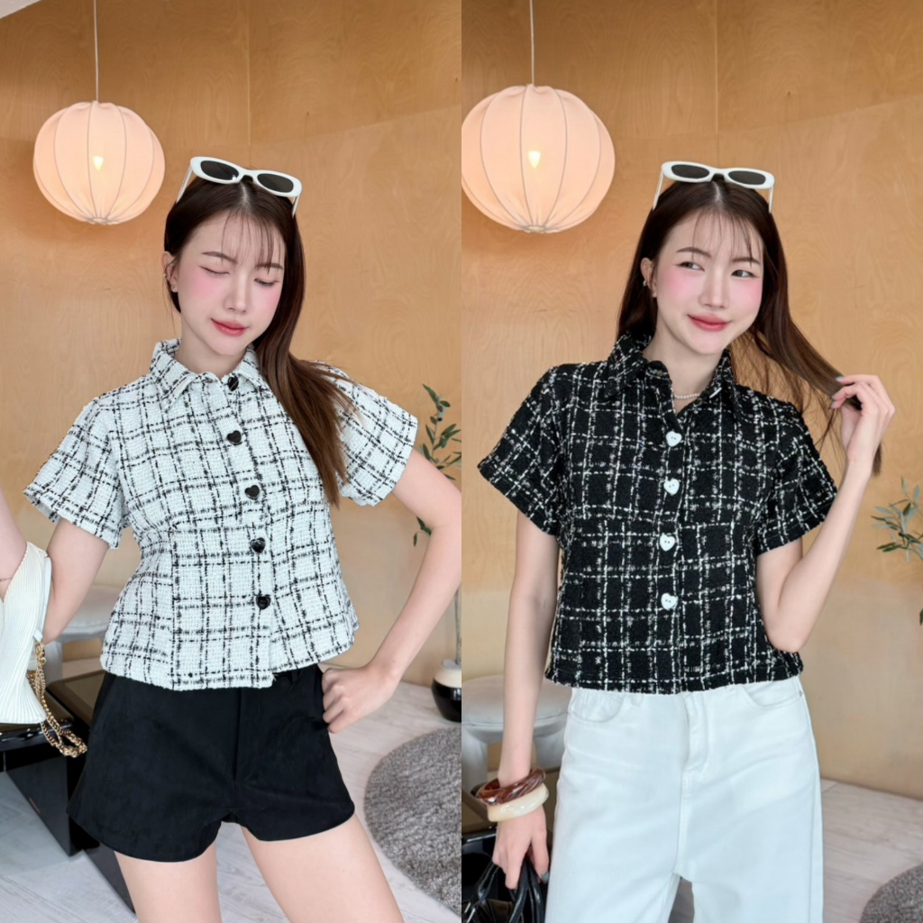เสื้อเชิ้ตคอปกแขนแต่งกระดุมหัวใจสั้นผ้าทวิตผูกหลัง