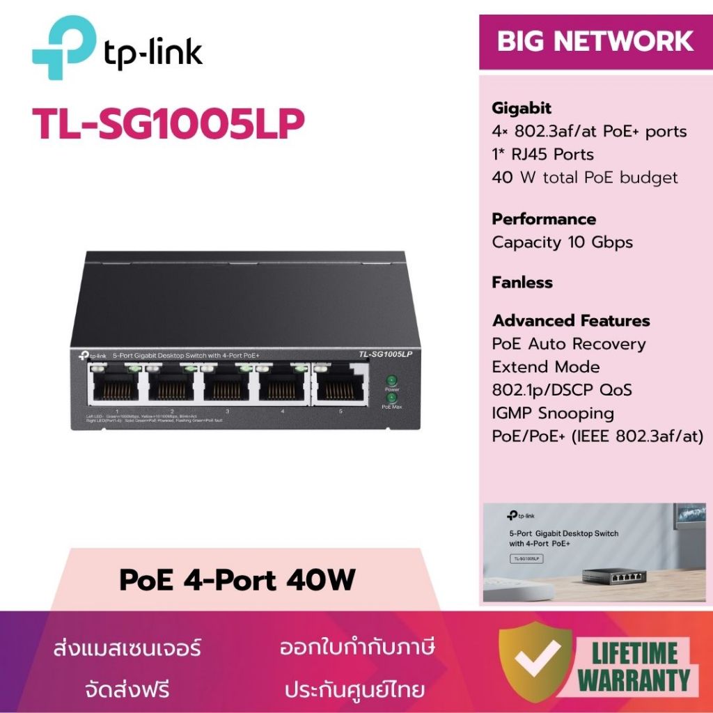 (PoE 4-Port 40W) TP-Link  TL-SG1005LP  5 Port Gigabit Switch with  4 PoE+ ประกันศูนย์