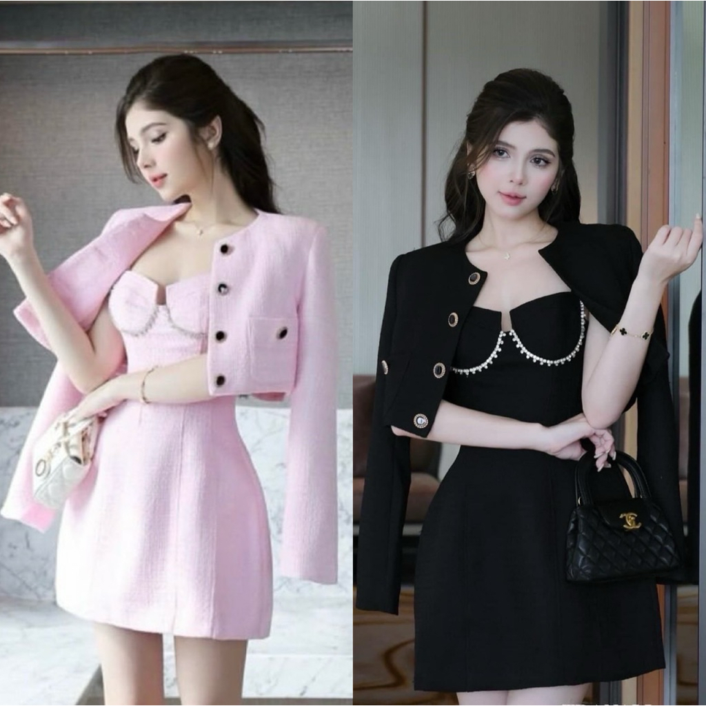 SAKURA (เช็คสินค้าก่อนกดสั่ง) Set 2 ชิ้น มินิเดรส+เสื้อคลุม งานผ้าทวิตสวยเรียบหรูมาก(XS SM)