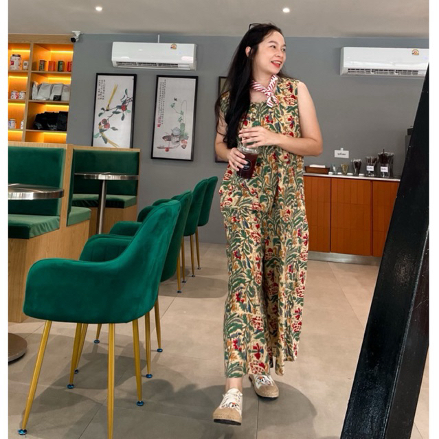 จั๊มสูทขายาวแขนกุดคอเหลี่ยมผ้าคอตตอนอินเดีย