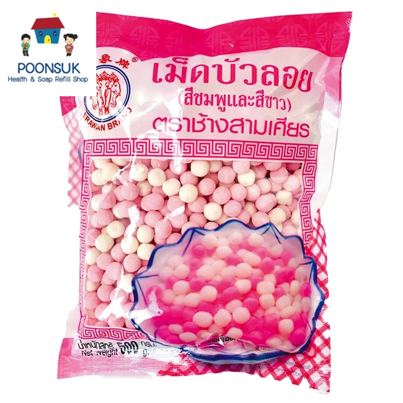 bua loy erawan brand ช้างสามเศียร เม็ดบัวลอยชมพูขาว สีชมพูและสีขาว 500 กรัม