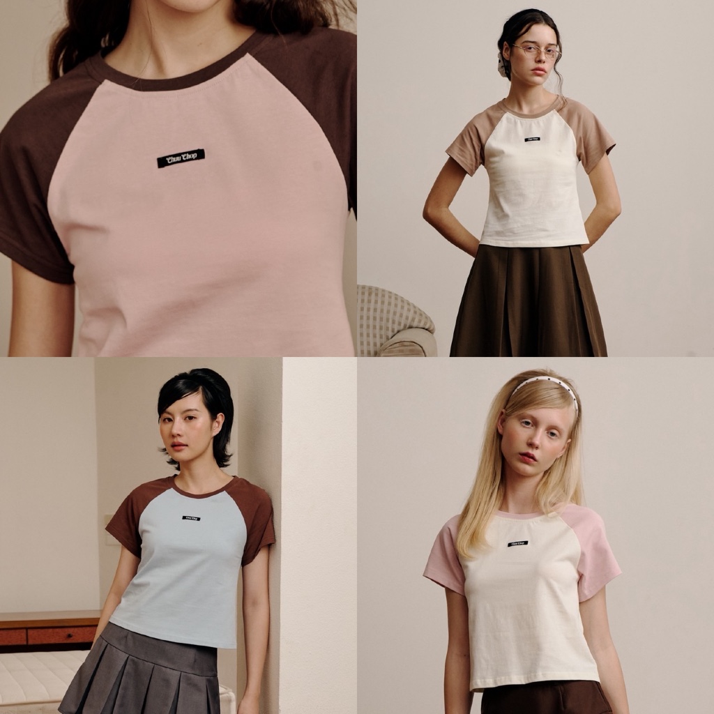 CHUUCHOP - (S-4XL) Amie tee เสื้อยืดแต่งแขนทูโทนแต่งป้ายโลโก้กลางอก(C8450)