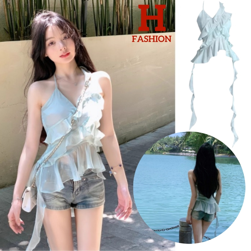 Hot Fashion thai~'พร้อมส่ง'  เสื้อสายเดี่ยวขอบบัวใบไม่สม่ำเสมอสีฟ้าแขนกุดเปิดกลับท็อปส์ FY3038