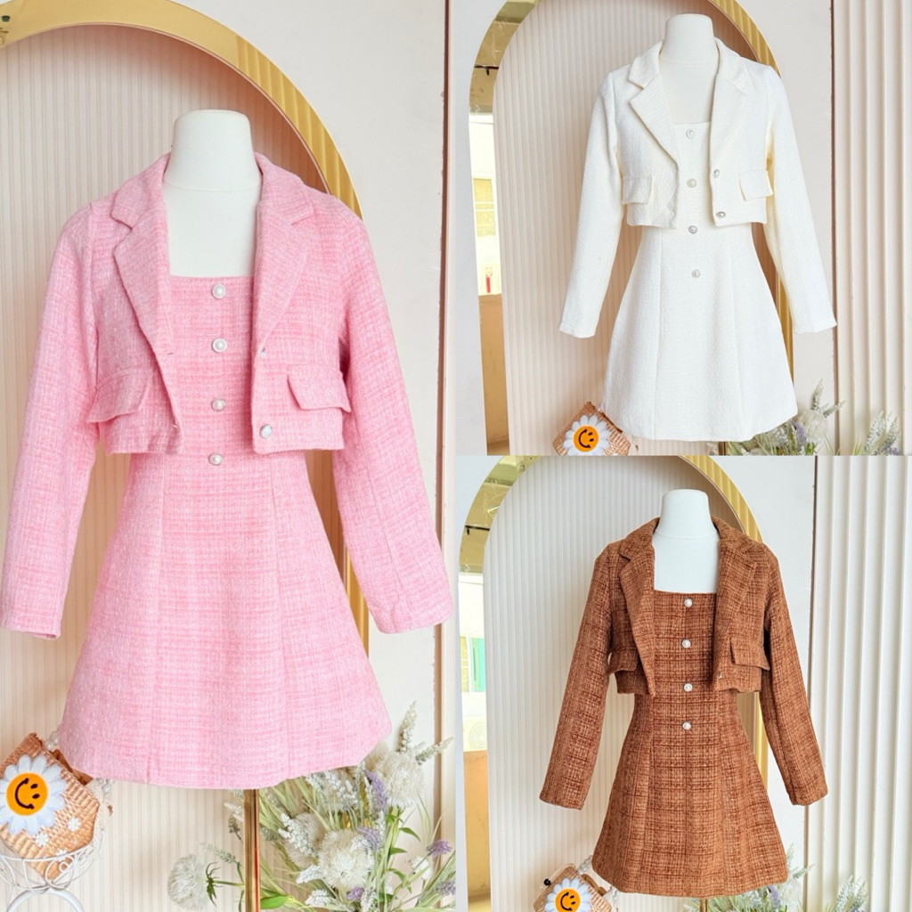 [NITTAYA] D2813 ชุดเซต2ชิ้นเดรสกระโปรงสายตะเกียบแต่งกระดุมไข่มุก+เสื้อคลุมแขนยาวกระดุมหน้าแต่งกระเป๋า เรียบหรู ใส่ออกงาน