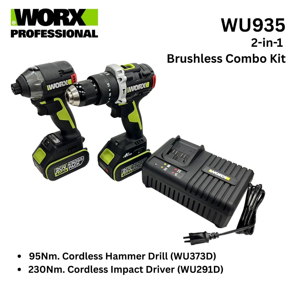 WORX รุ่น WU935 ชุดคอมโบ 20V (สว่านกระแทก + ไขควงกระแทก) | 2-in-1 Brushless Combo Kit | แรงกว่า ทนกว