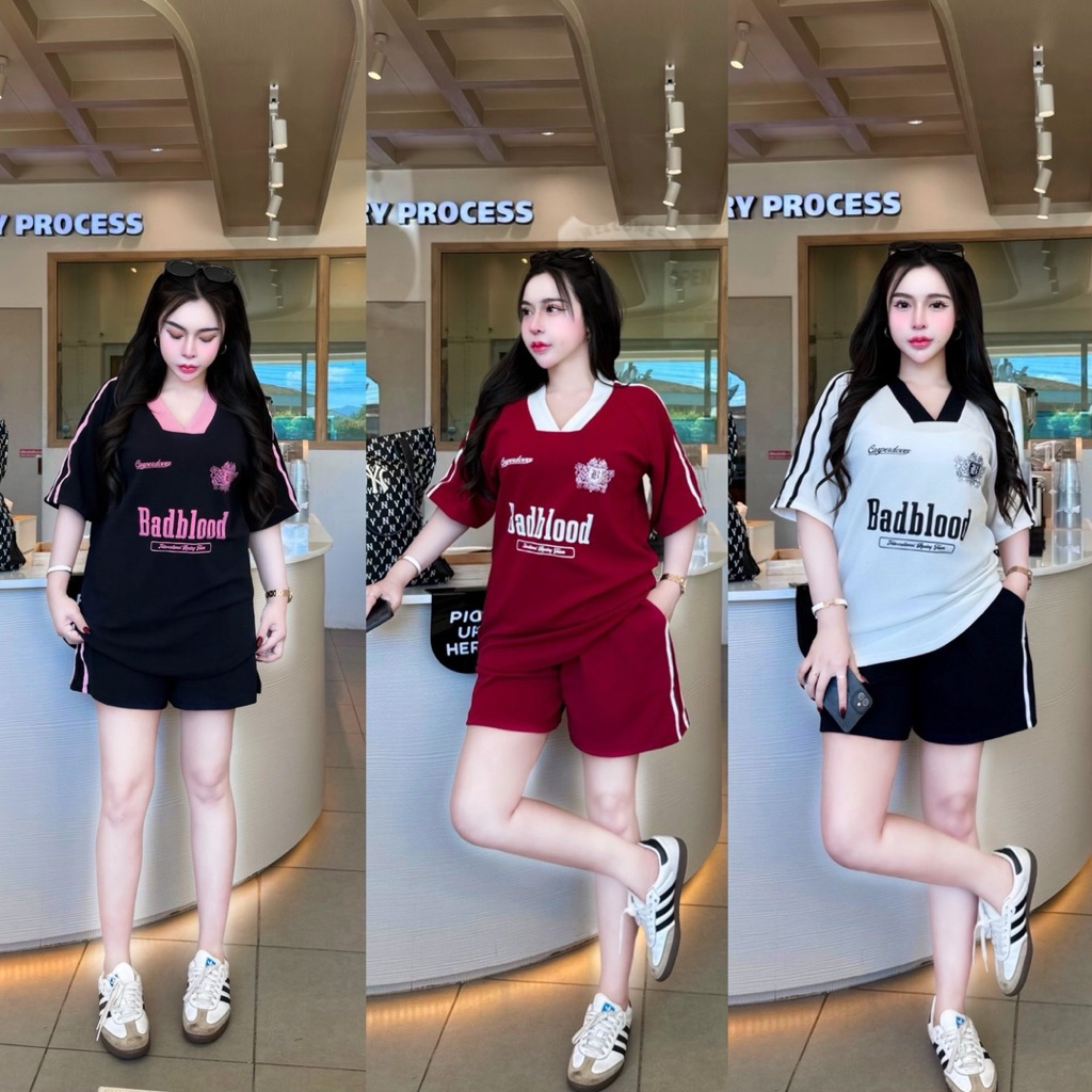 JZ ชุดเซ็ต 2 ชิ้น ผ้าวูลเวฟอย่างดี เสื้อแขนสั้นคอวีแต่งแถบแขนลาย Bad + กางเกงขาสั้นแต่งแถบมีกระเป๋า 2 ข้าง