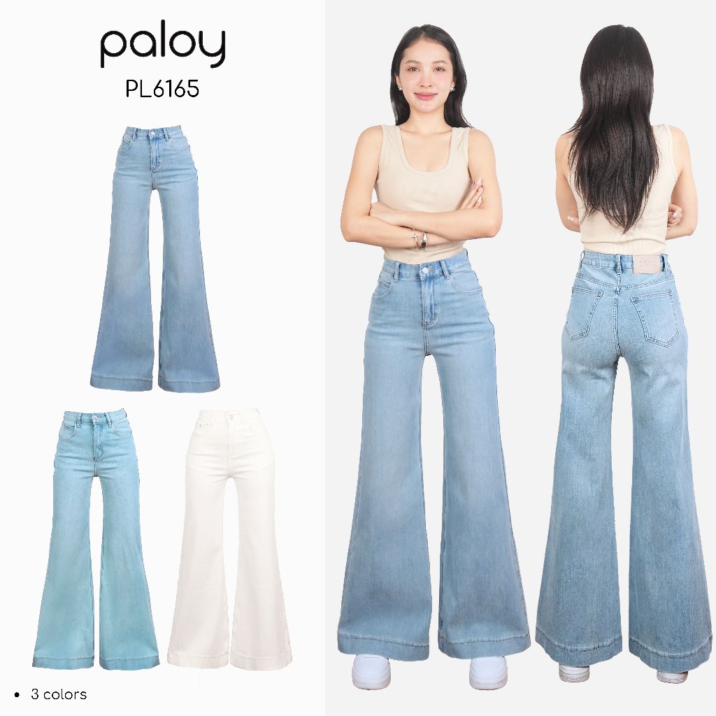 Paloy - PL6165 กางเกงยีนส์ขาม้าใหญ่ กระเป๋าหน้าทรงวี ผ้ายืดใส่สบาย