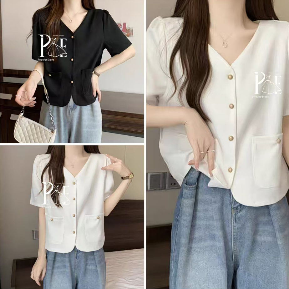 Kaekai พร้อมส่ง เสื้อคลุม แขนสั้น คอวี ทรงเรียบง่าย สไตล์ลำลอง มีกระเป๋าหน้าสองข้าง ดีไซน์กระดุม งานผ้าฝ้ายใส่สบาย