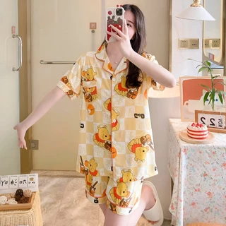 ชุดนอนผู้หญิง ชุดนอนคอปก ชุดนอนลายการ์ตูน ผ้าคอตตอน เสื้อแขนสั้น+กางเกงขาสั้น ชุดนอนน่ารัก งานใส่สบาย ผ้านิ่มมาก EL