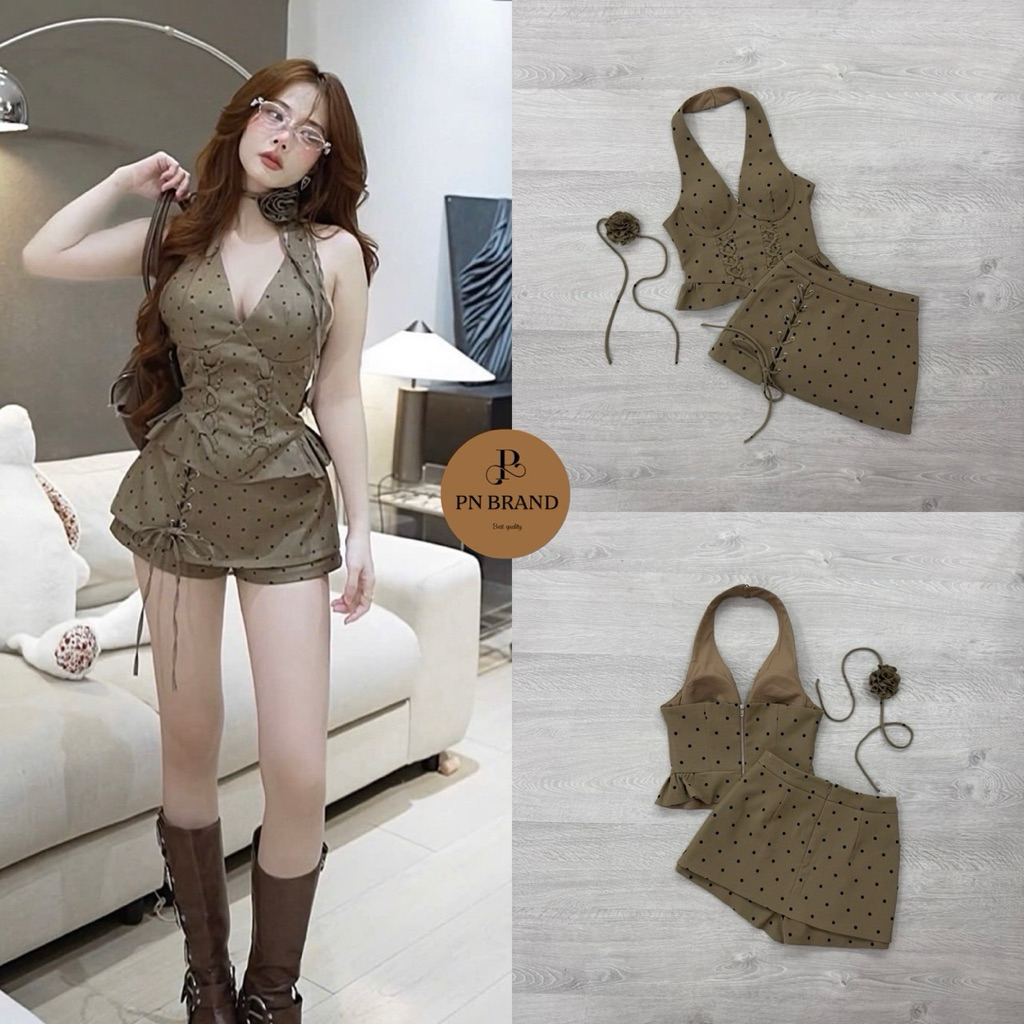 PN Brand(เช็คสินค้าก่อนกดสั่ง) เซต 2 ชิ้น เสื้อคล้องคอมีโชคเกอร์ + กระโปรงกางเกง น่ารักเก๋มาก(XS SM)