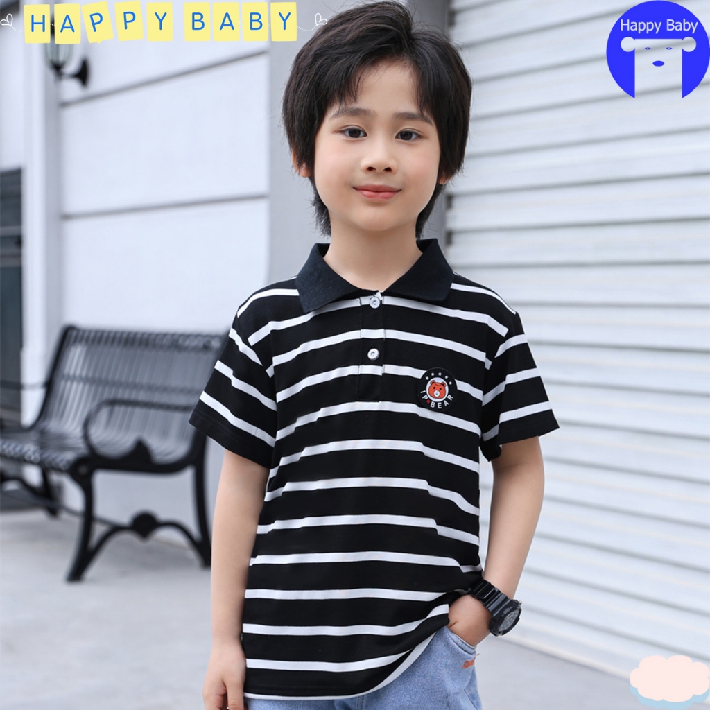 เสื้อโปโลเด็ก เสื้อคอกลาม ผ้าลายทาง เเต่งสติ๊กเกอร์หมีอก ไซส์80-130 #22101