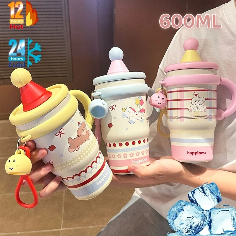 ⚡พร้อมส่ง⚡แก้วเก็บความเย็น 316 สแตนเลสพร้อมหลอด 600ML พร้อมหูจับ แก้วน้ำสำหรับรถยนต์ ดีไซน์สวยงาม