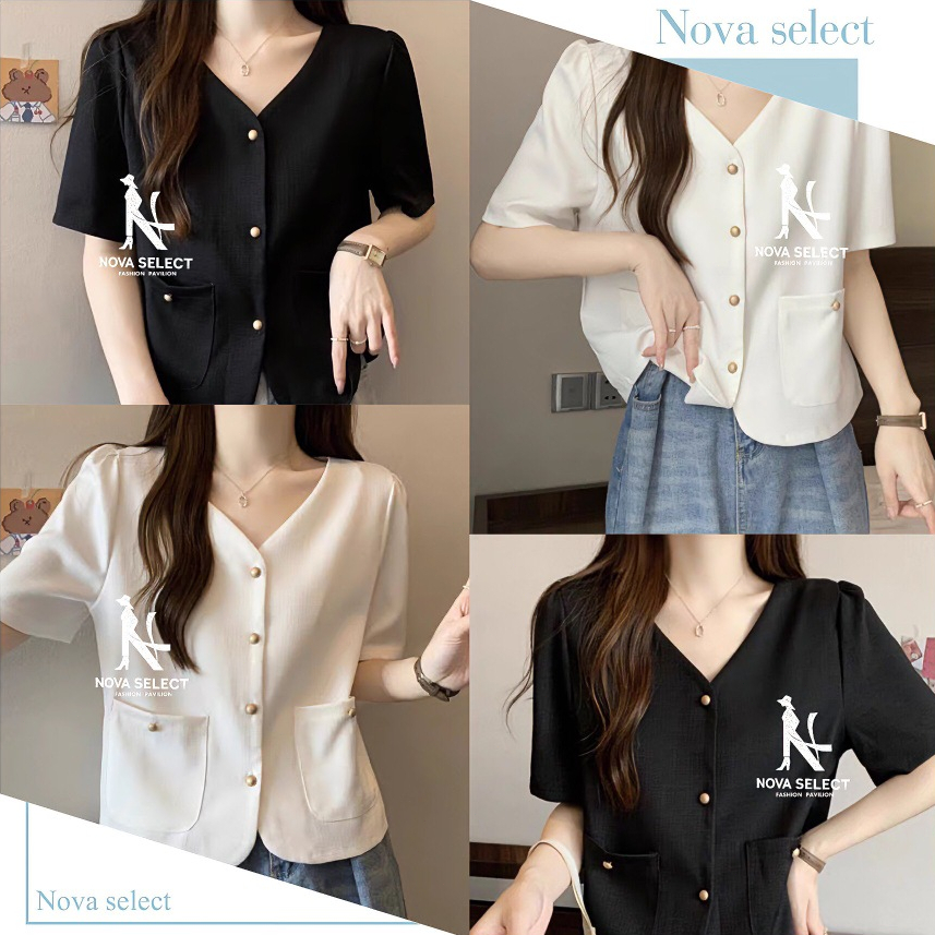 Kaekai พร้อมส่ง เสื้อคลุม แขนสั้น คอวี ทรงเรียบง่าย สไตล์ลำลอง มีกระเป๋าหน้าสองข้าง ดีไซน์กระดุม งานผ้าฝ้ายใส่สบาย