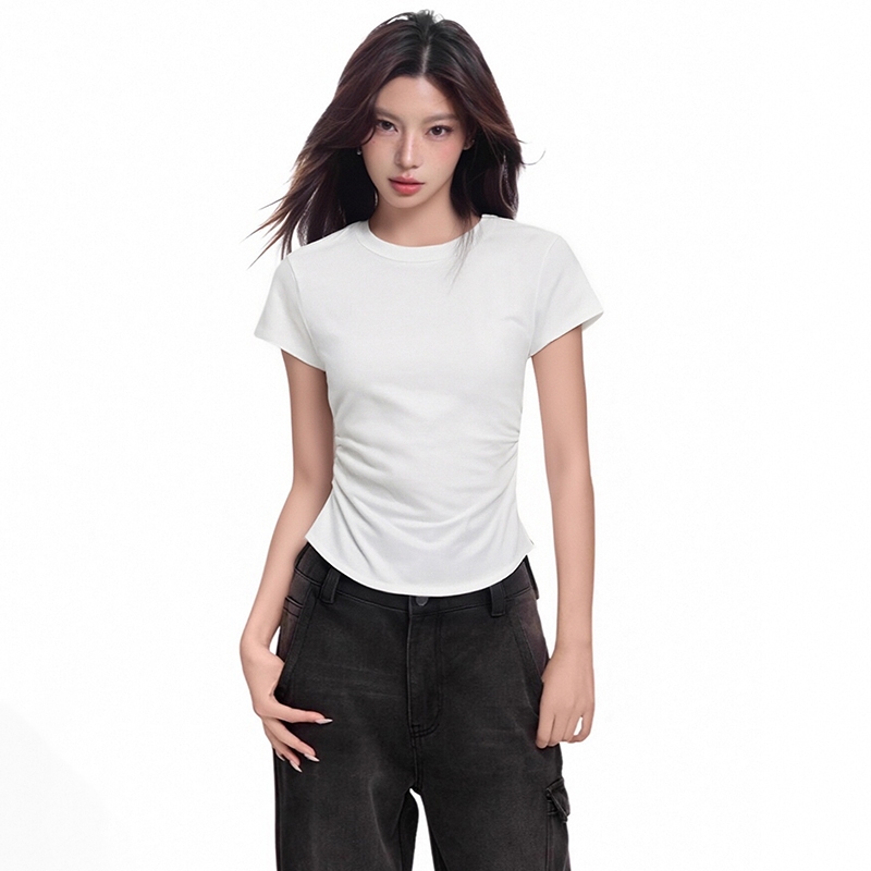 MOZOC จัดส่งจากประเทศไทย สุภาพสตรีไหล่ตรงจีบท็อปส์ซูออกแบบความรู้สึกเสื้อยืดปิดเอวบางพอดีแขนสั้นด้านล่างด้านบน - รูปที่ 4