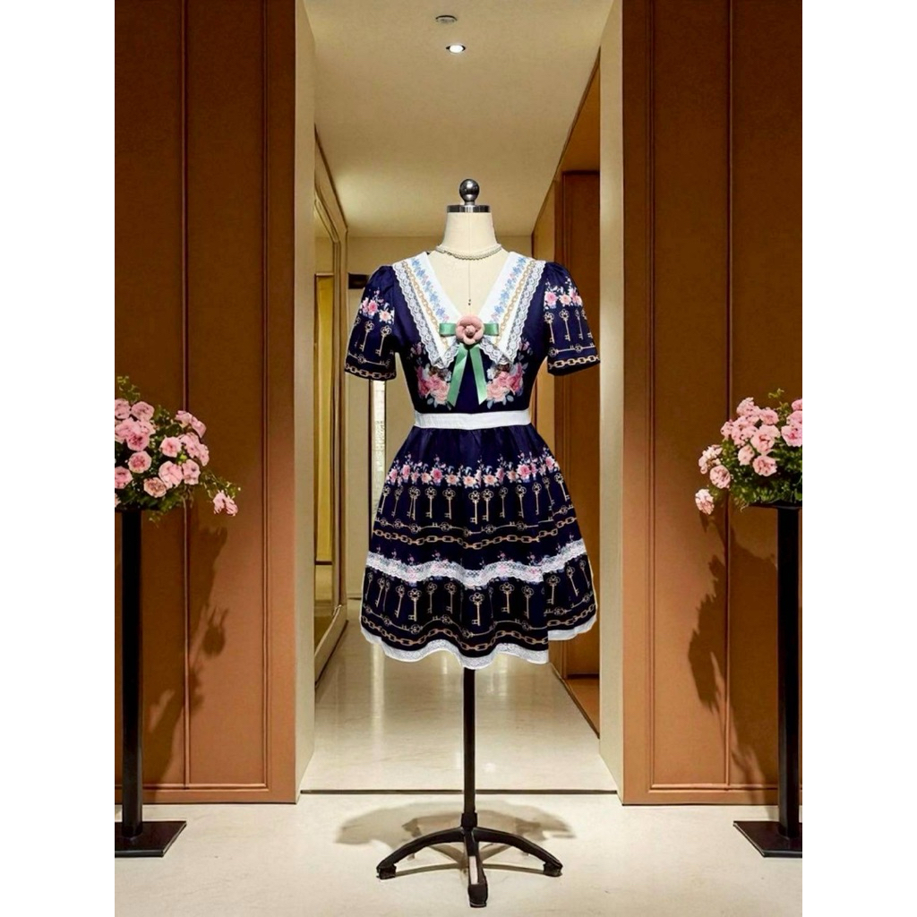 i04🎀มี M,L,Xl,2Xl,3Xl,4Xl[ปกติ]เดรสคอปกลายกราฟฟิค พิมหน้าหลัง กปแต่งกุ้นลูกไม้ มีเข็มกลัดดอกไม้ สวยม