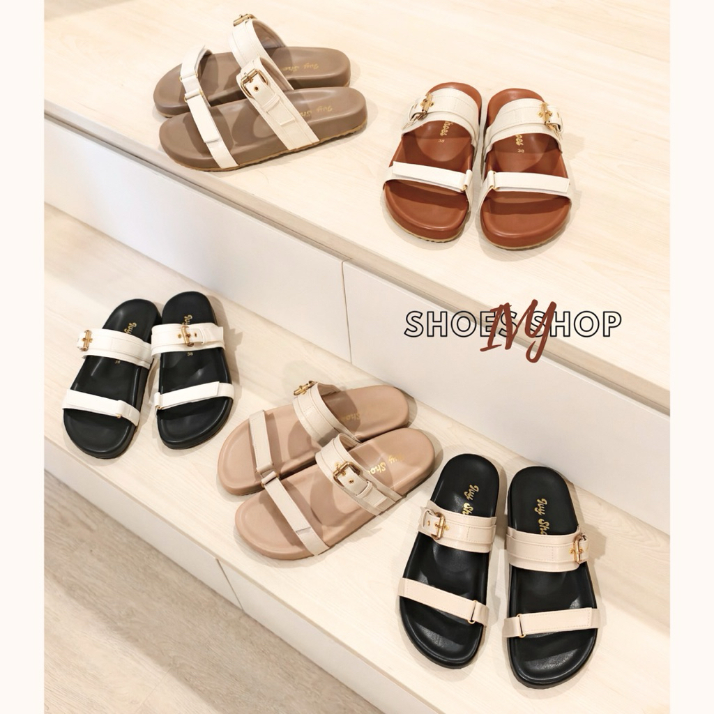 รองเท้าแตะ IVY SHOES  (สีทูโทน) แบบสวม2 ตอน เข็มขัด+สายปรับได้ หนังนิ่ม พื้นนุ่ม มินิมอล  มี 4 สี รองเท้าผู้หญิง size 36