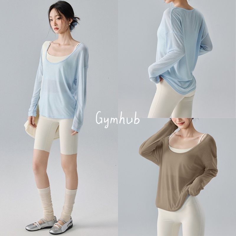 GYMHUB เสื้อโยคะสตรี แขนยาว ใส่ชั้นนอกได้ ระบายอากาศดี หลวมๆ บบาง แห้งเร็ว สำหรับออกกำลังกาย