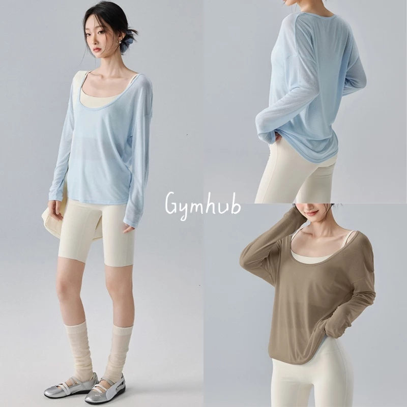 GYMHUB เสื้อโยคะสตรี แขนยาว ใส่ชั้นนอกได้ ระบายอากาศดี หลวมๆ บบาง แห้งเร็ว สำหรับออกกำลังกาย