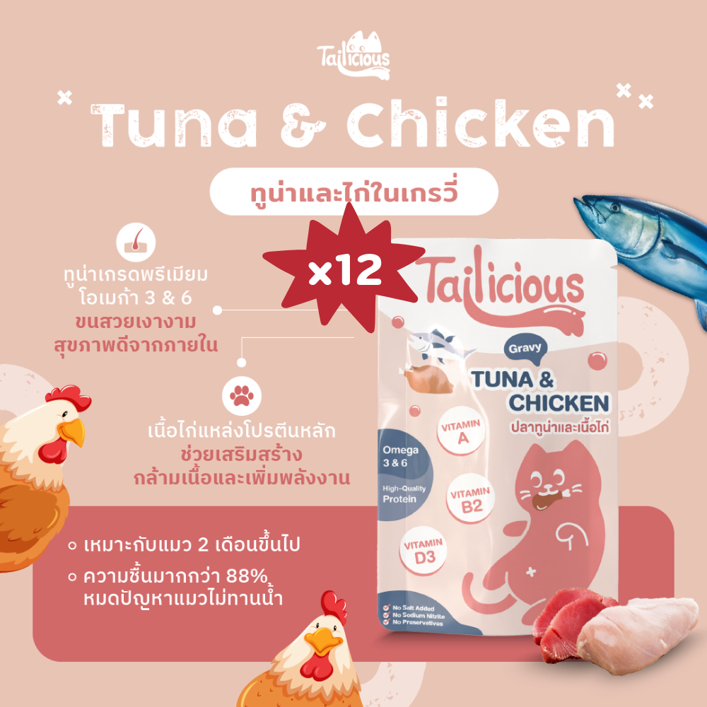 【12 ซอง】อาหารเปียกแมว Tuna & Chicken เนื้อไก่แท้ โปรตีนเสริมสร้างกล้ามเนื้อและเพิ่มพลัง 80g