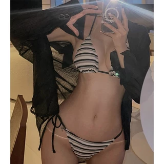 ส่งไวจากไทย ชุดว่ายน้ำ bikini ทูพีช บิกินี่ลายทาง ผูกคอ เที่ยวทะเล#1045