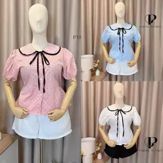 เสื้อลายจุดคอบัวสาวอวบอ้วน แต่งกระดุมหน้า ผ้าครัชลายจุด 2 ไซร์ 38-52" รุ่นT87