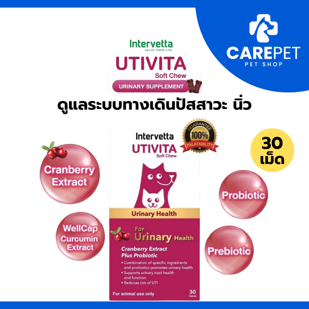 Intervetta UTIVITA Soft Chew วิตามินเสริมอาหารสำหรับระบบทางเดินปัสสาวะ นิ่ว สุนัขและแมว 30 เม็ด