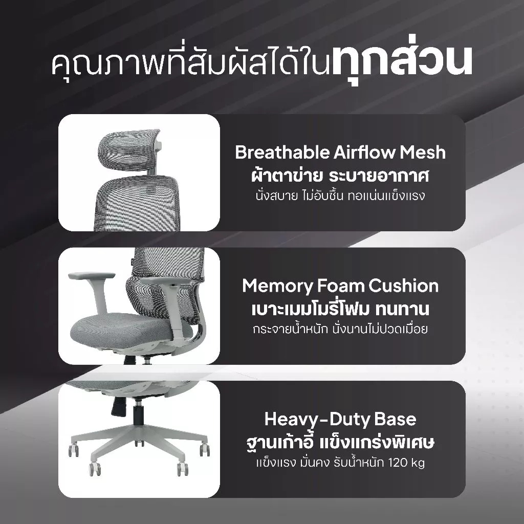 ErgoSpace เก้าอี้ทำงาน รุ่น จูปิเตอร์ Ergonomic chair เบาะเมมแท้ ที่รองหลังขนาดใหญ่สำหรับคนปวดหลัง thumbnail 5