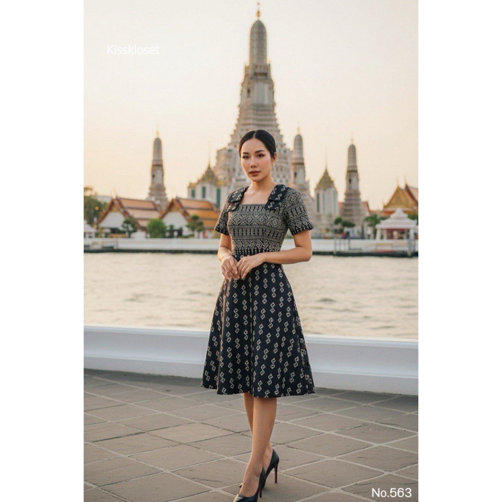 KS523 ชุดเดรสผ้าทอลายปักทอง ทรงจิตรดากระโปรงยาว ขอบเอวทอง งานอัดกาวทั้งชุดทุกชิ้น (S-2XL)