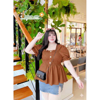 เสื้อคอเหลี่ยมแขนตุ๊กตา เย็บสม๊อค รอบอก ไซส์ใหญ่ อกยืดได้ถึง60นิ้ว ชายเสื้อระบายพรางหุ่น สำหรับสาวอวบอ้วน