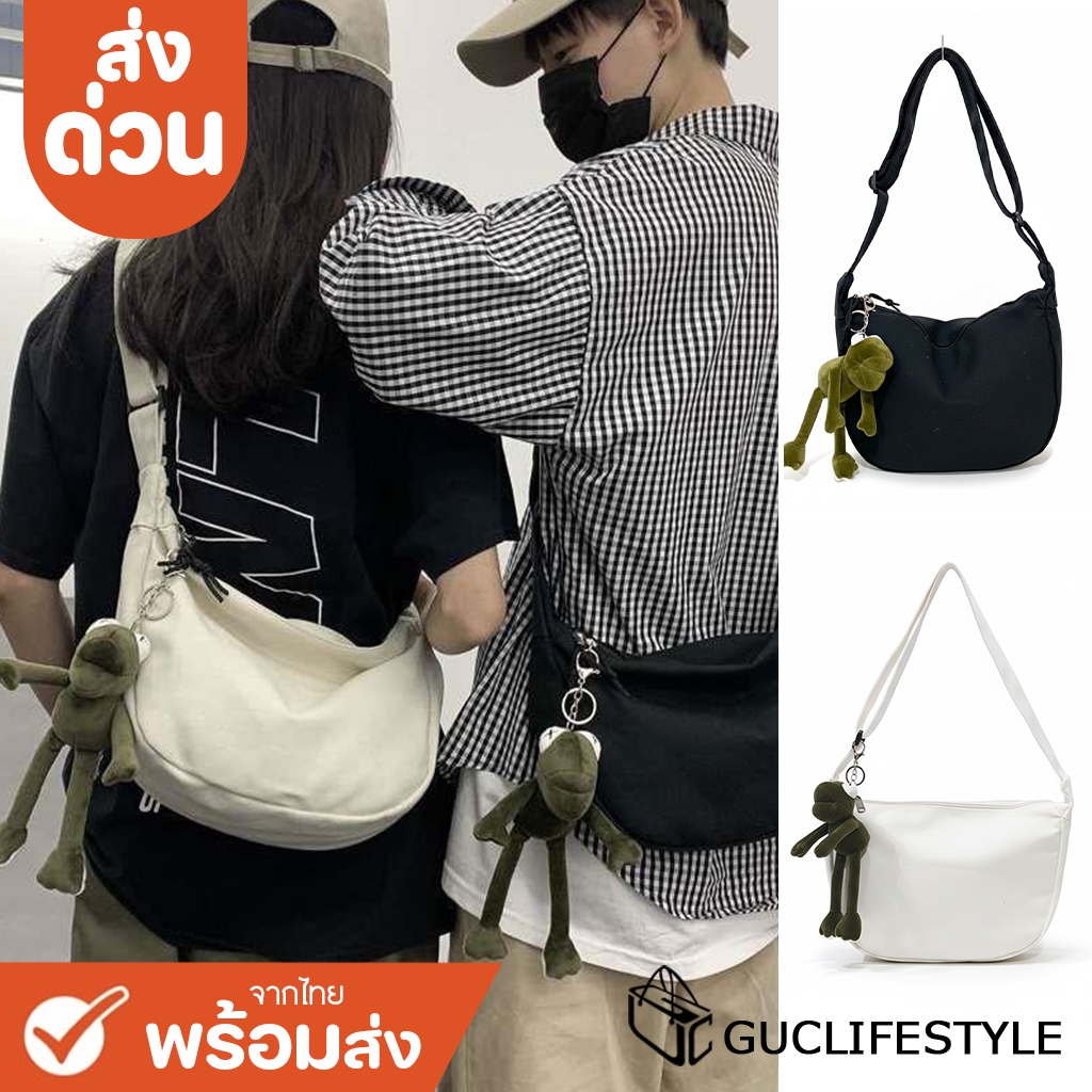 ส่งด่วน GUCSELECTED(B1746) กระเป๋าผ้าสะพายข้างมีซิปผ้าแคนวาส(ซิปดำ)สีดำ.สีขาว