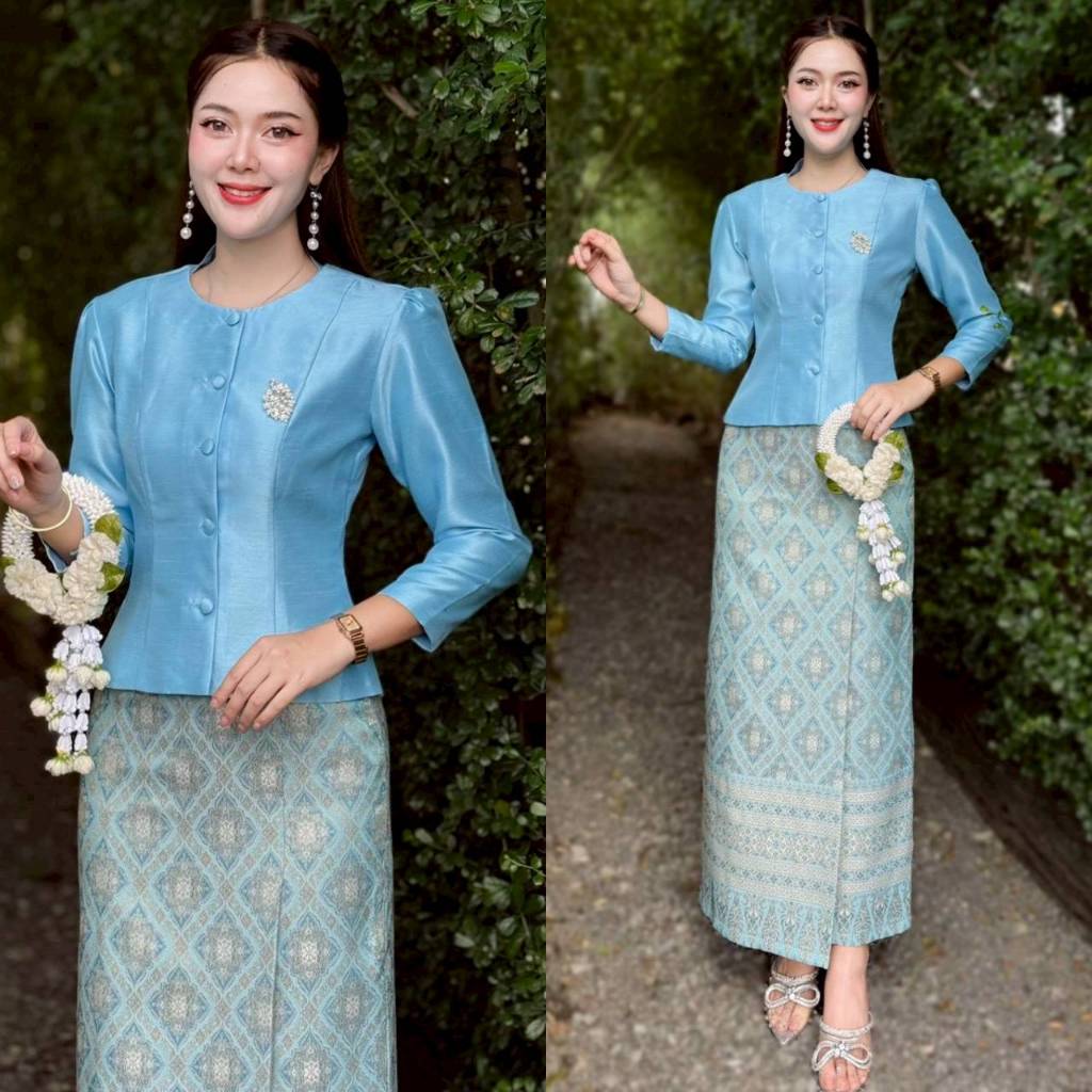 HM - MG (ขายแยก) ชุดไทยจิตรลดา ชุดset 2ชิ้น เสื้อผ้าไหม 4 เส้นแขนยาวสีฟ้า ผ้าถุงสำเร็จรูปลาย ทอยดอก อัดกาว ชุดใส่ไปทำบุญ