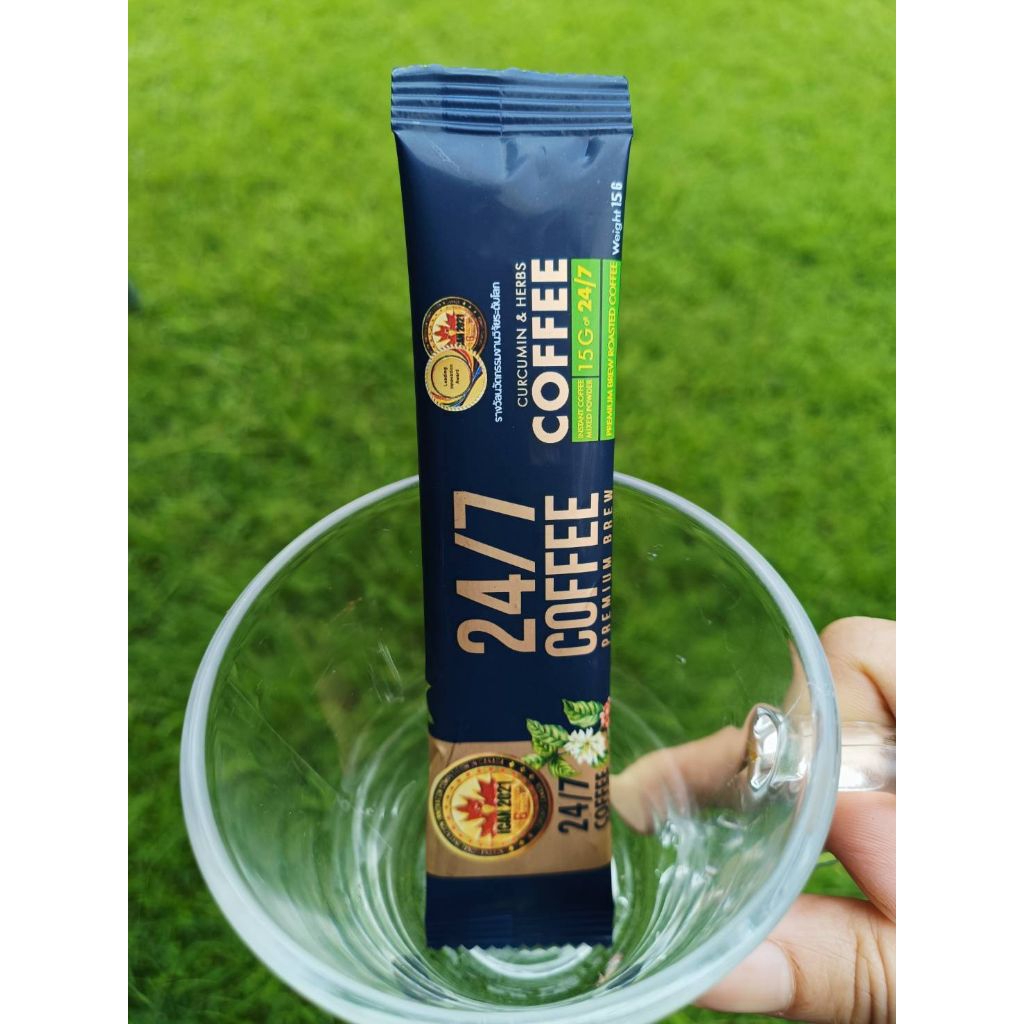 กาแฟสมุนไพร 24/7 กาแฟโรบัสต้า กาแฟอาราบิก้า ส่วนผสมหลักสมุนไพร 24ชนิด ให้คุณประโยชน์ 7ประการ ถุงละ 10ซอง