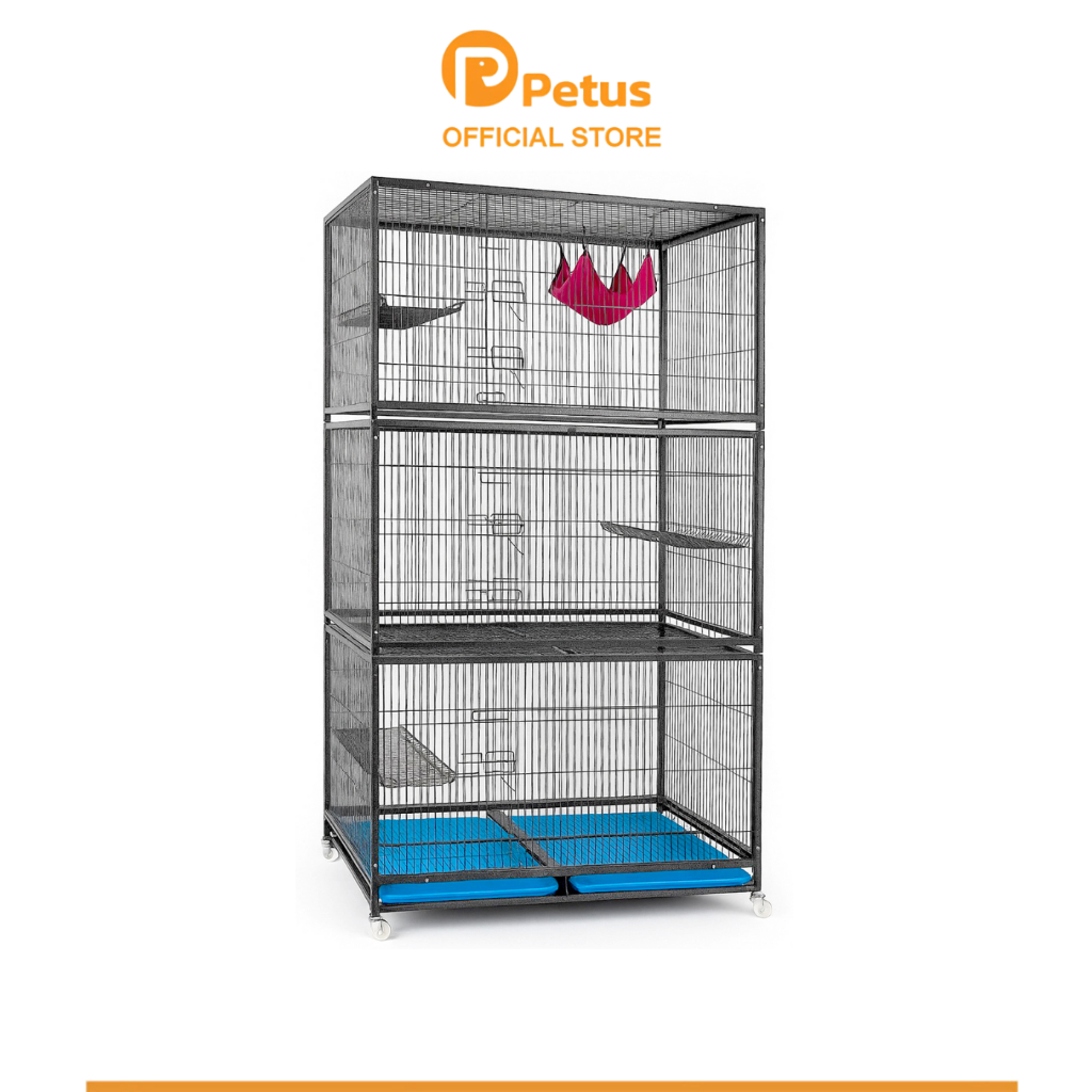 Petus กรงแมวขนาดใหญ่ ซี่ห่าง 2 ซม. กรงแมว 3 ชั้น  คอนโดแมว ขนาด 103x70x187 ซม. วัสดุแข็งแรง Cat Cage