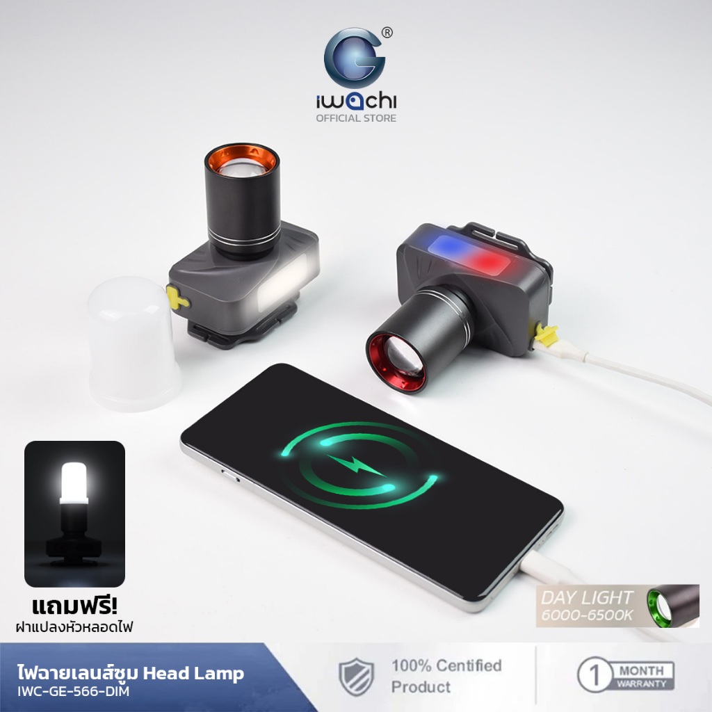 IWACHI หน้าไฟฉายคาดหัว with powerbank ZOOM ได้หรี่ไฟได้ แสงไฟสีขาว ชาร์จมือถือได้