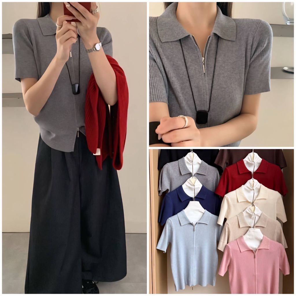 ON10 เสื้อคอปกไหมพรม ซิปหน้า แขนสั้น ไหมพรมนุ่ม รูปที่ 3