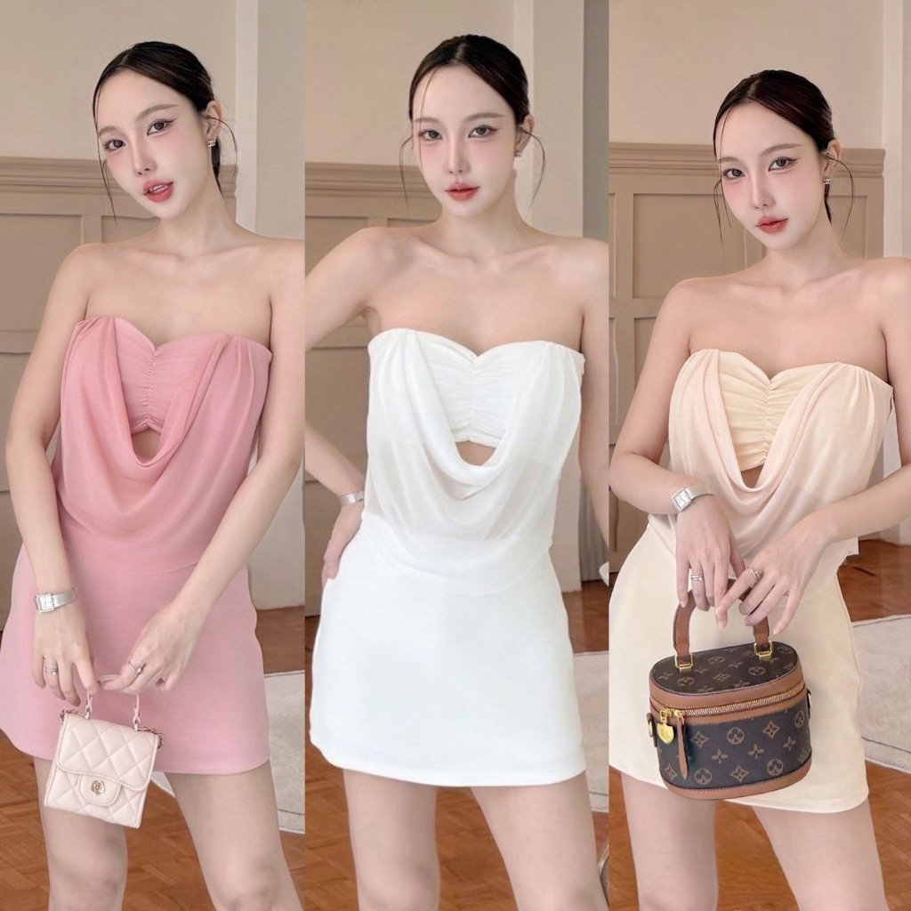 S42 - ชุดเซ็ต เสื้อเกาะอก แมทกระโปรงสั้น ชุดเที่ยว ชุดปาร์ตี้