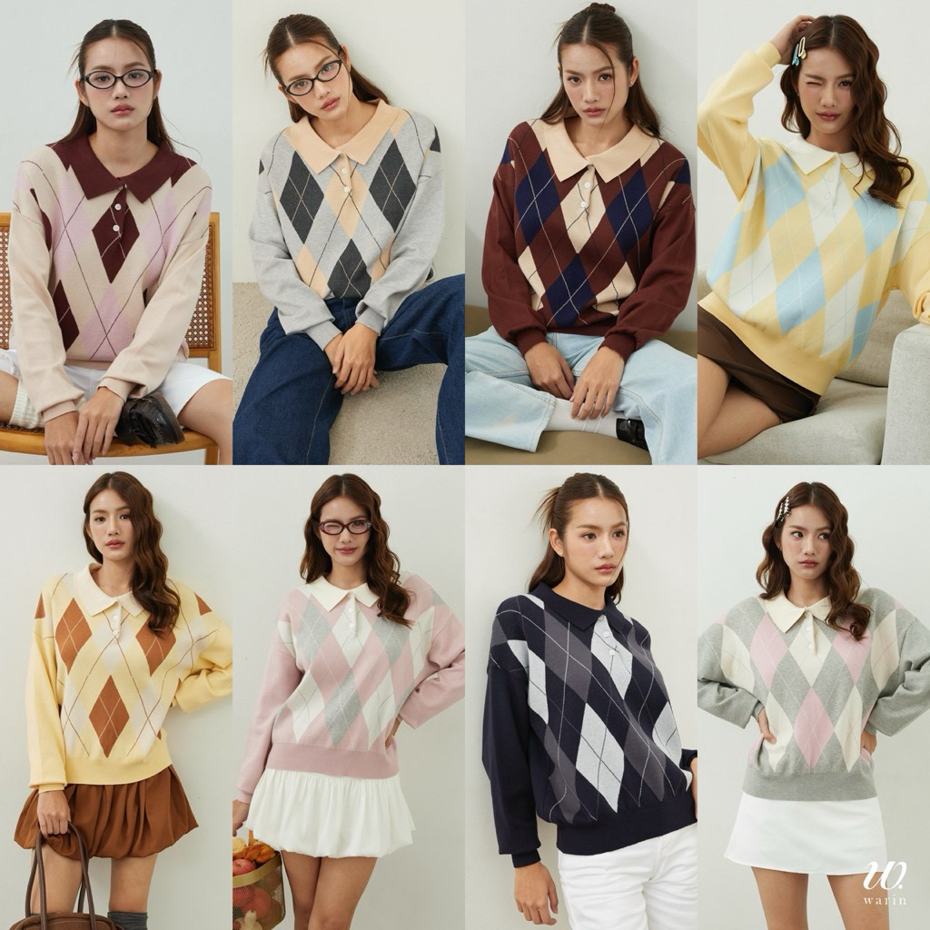 Warin Polo Long Sleeve - Rosy Argyle เสื้อโปโล ไหมพรมแขนยาวลายข้าวหลามตัด